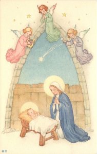 Swiss Christmas Postcard 204/28, Mary & Jesus in Creche, Star & Angels Above
