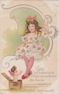 Valentine's Day Young Girl With Cupid Popping Out of Box 1612