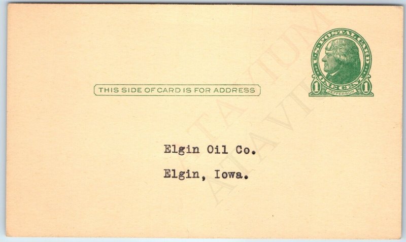 1940s Elgin Iowa IA Elgin Oil Co Unused Prepaid Postcard Petroleum Business A263