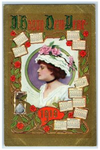 1910 New Year Pretty Woman Flowers Calendars Hourglass Posted Antique Postcard