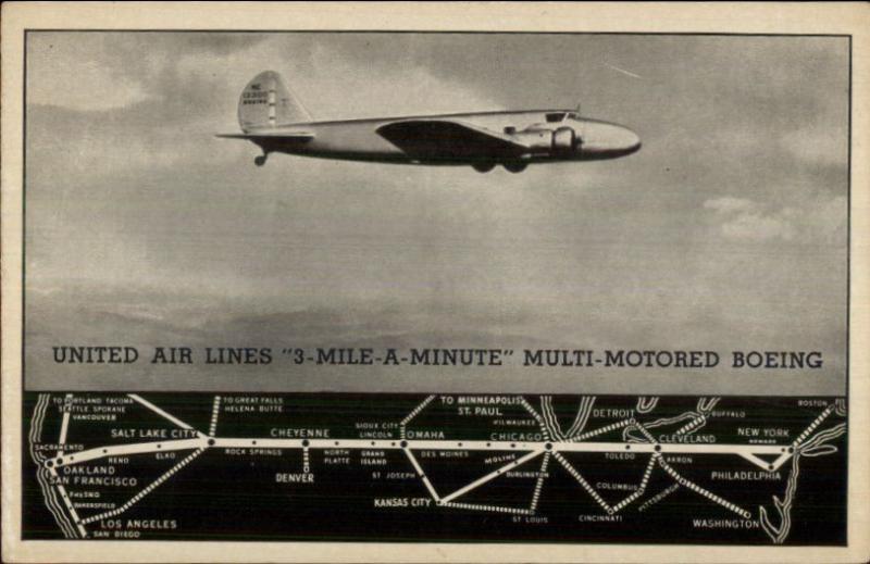 United Air Lines Boeing Airplane in Flight Route Map Postcard