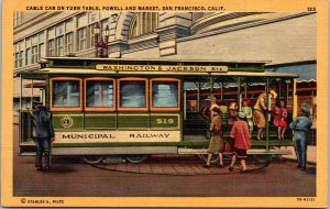 Cable Car Turn Table Powell Market San Francisco CA California Linen Postcard 