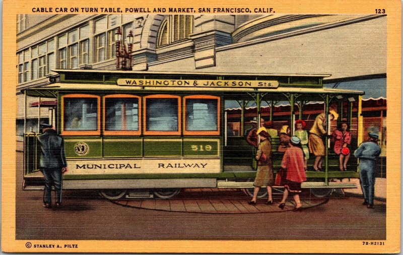 Cable Car Turn Table Powell Market San Francisco CA California Linen Postcard 