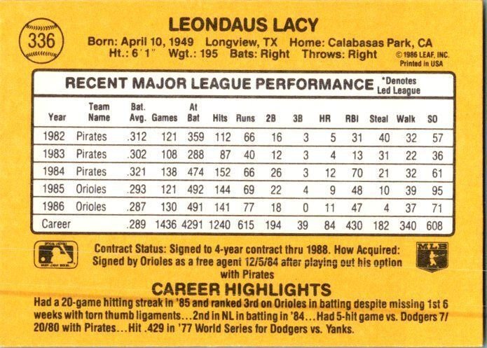 1986 Donruss Baseball Card Lee Lacy Baltimore Orioles sk12274