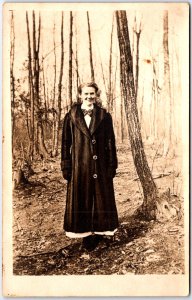 Woman with Long Button Down Fur Jacket in the Woods Portrait - Vintage Postcard