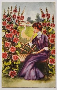 Victorian Woman in Purple Rustic Bench Beautiful Flowers Embossed Postcard G28