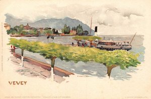 Switzerland Vevey Lake Steamboat Art by F Voellmy Chromo litho postcard B905