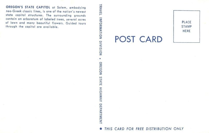 VINTAGE POSTCARD OREGON'S STATE CAPITOL AT SALEM CHROME 1960s