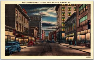 VINTAGE POSTCARD JEFFERSON STREET SCENE WITH PEOPLE AND ANTQUE CARS, ROANOKE, VA