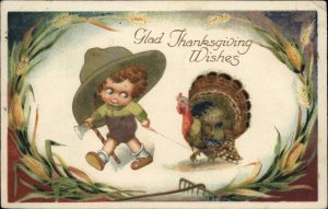 Thanksgiving Boy With Turkey on Leash Jason Freixas Winsch Postcard c1910