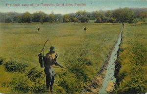 Death Song Of The Mosquito, Panama Canal Zone Postcard. Men Spraying Ground