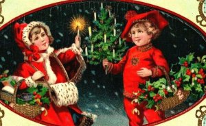 C.1910 Kids Tree Candles Snowy Night Dresden Embossed Christmas Postcard P109