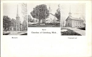 Methodist, Baptist, Congregational Churches Galesburg MI UDB Postcard R50