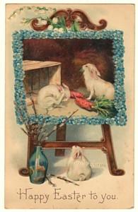 BW Easter Postcard Rabbit Admires Painting UDB