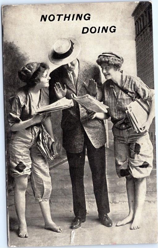 postcard Nothing doing - women paper boy and gentelman - Posted 1914