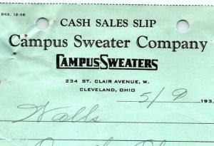 1939 CAMPUS SWEATER COMPANY CLEVELAND OH WALL'S ORRVILLE BILLHEAD CASH SLIP Z989