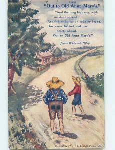 Pre-Linen signed COBB SHINN - KIDS WALKING ON ROAD TO OLD AUNT MARY'S HL5161