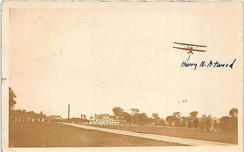 Poland Spring ME Harry Attwood Bi-Plane Over Poland Spring House RPPC Postcard 