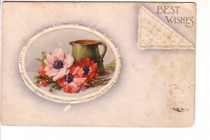 Poppies and Jug, Best Wishes Vintage Greeting Postcard, Embossed, Used 1910