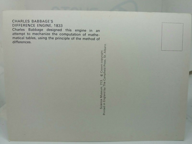 Vintage Postcard Charles Babbages Difference Engine 1833