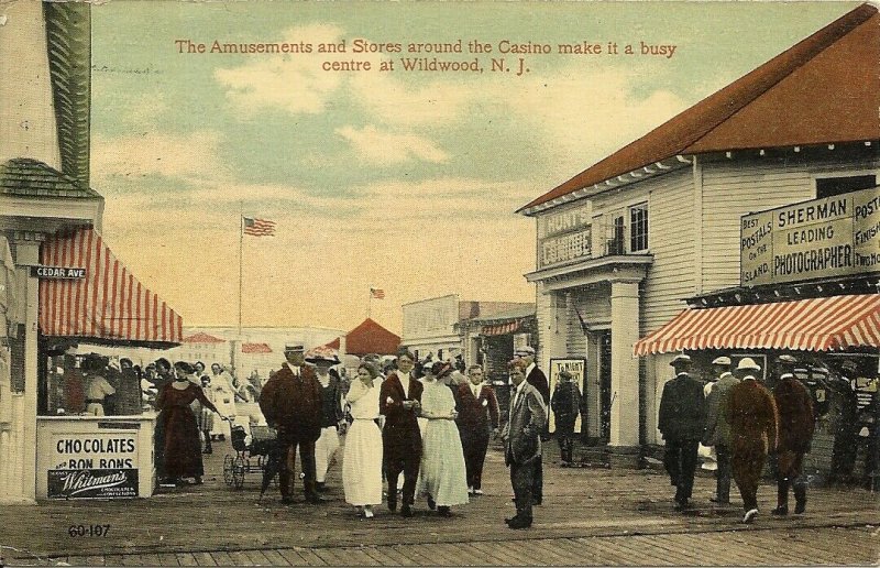 1914 RARE ANTIQUE Postcard - Stores Around the Casino Block in Wildwood NJ