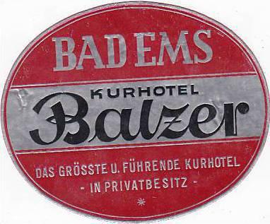 GERMANY BAD EMS KURHOTEL BALZER VINTAGE LUGGAGE LABEL