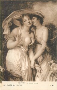 Fine art postcard painting Greuze the two friends Louvre