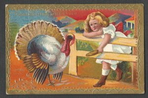 DATE 1909 PPC* VINTAGE THANKSGIVING W/GIRL & EAR OF CORN TEMPTS TURKEY SEE INFO