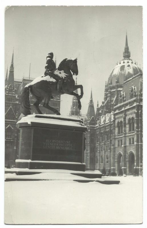 Budapest Equestrian Statue Kossuth RP PPC 1957 PMK to BBC Hungarian Service