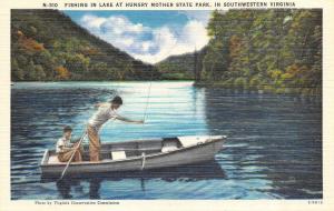 VA, Virginia  BOYS FISHING FROM BOAT-Hungry Mother State Park   c1940's Postcard
