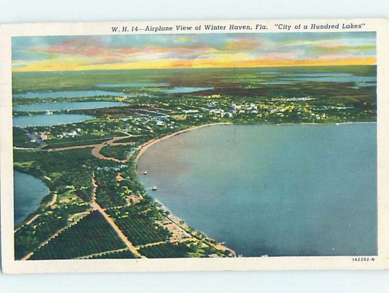 Linen AERIAL VIEW OF TOWN Winter Haven - Near Lakeland & Lake Wales FL F4022