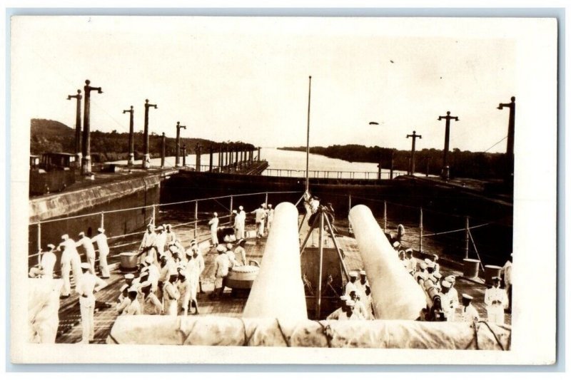 c1920's Panama Canal US Navy Battleship Sailor Big Gun View RPPC Photo Postcard