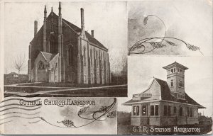 Harriston Ontario GTR Station & Guthrie Church c1906 Postcard F82 *as is