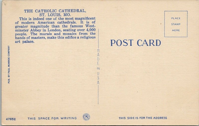 St Louis Missouri Catholic Cathedral Linen Postcard W8