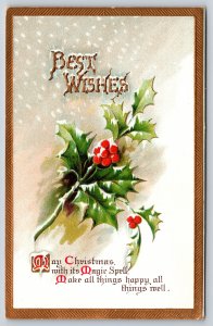 Holiday~Holly & Christmas Greeting Best Wishes~Vintage Postcard