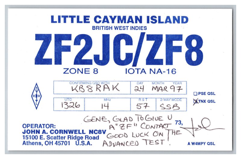 Postcard QSL CB Ham Radio Amateur Card Little Cayman Island ZF2JC/ZF8 