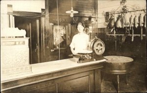Butcher Shop Woman Behind Counter Knives Saws Scales Real Photo Postcard