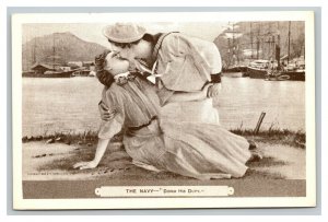 Vintage 1920's Romantic Postcard Sailor Kissing Girlfriend Doing his duty