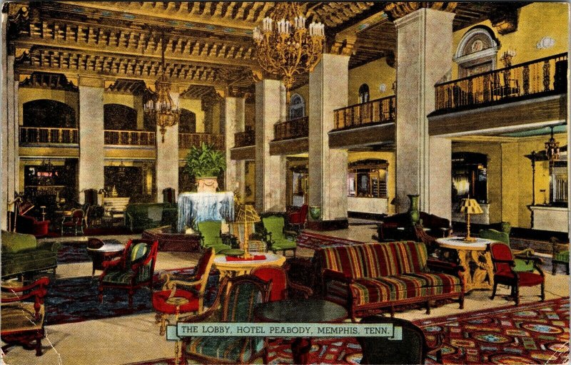 Hotel Peabody Lobby Interior View Memphis Tenn VTG 1951 Postcard 