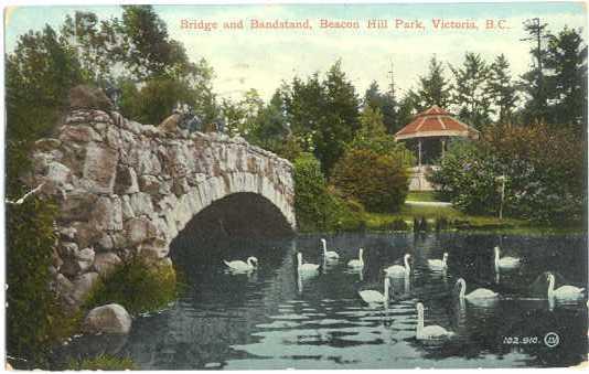 Bridge, Bandstand & Swans, Beacon Hill Park, Victoria British Columbia BC 1914