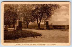 1928 UNIVERSITY OF MARYLAND COLLEGE PARK GATEWAY ENTRANCE TO CAMPUS POSTCARD