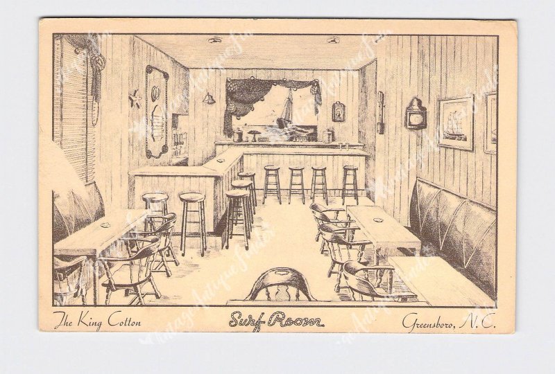 PPC POSTCARD NC NORTH CAROLINA GREENSBORO THE KING COTTON SURF ROOM ADVERTISING 