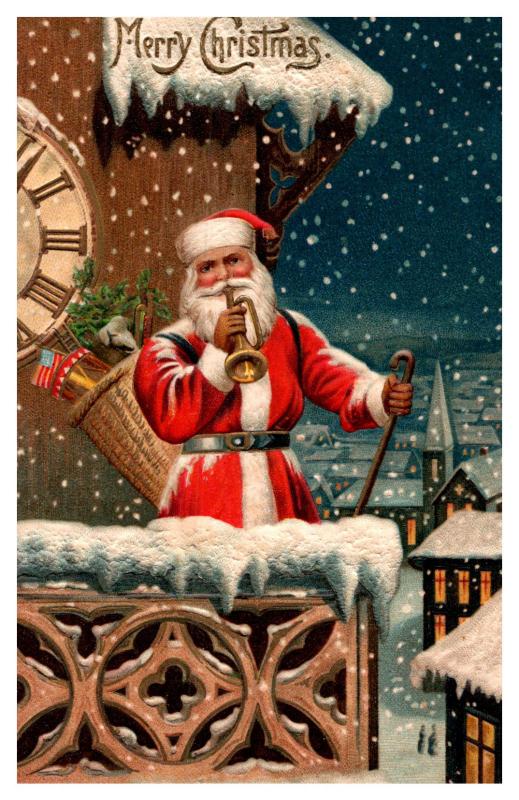 Santa Claus Red Suit , Playing Horn top of clock tower