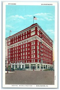 c1930's Hotel Burlington Building Cars Burlington Iowa IA Vintage Postcard