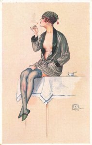 Beautiful Woman Smoking Artist Georges Léonnec, France Post Card