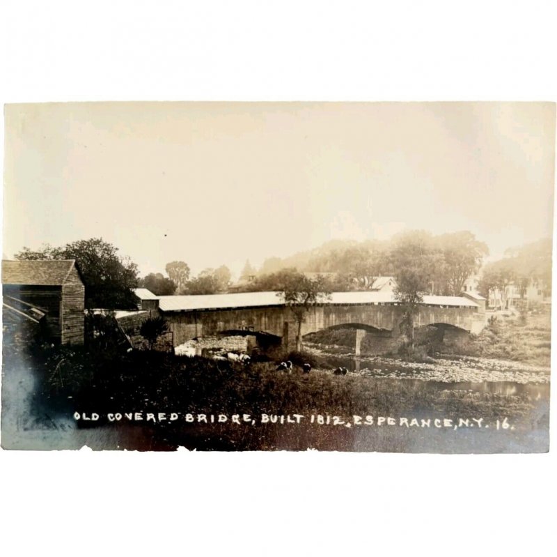 C1920s RPPC Covered Bridge Esperance New York Small Town Farm Cows PCBG21A