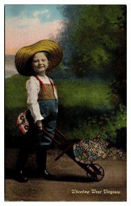 Antique Little Boy with State of WV in Wheelbarrow, Wheeling, WV Postcard