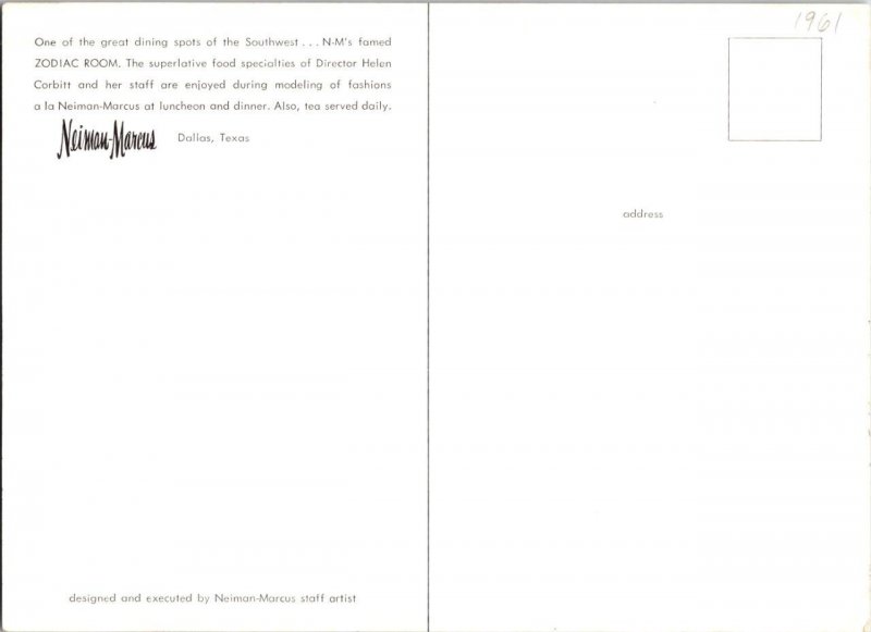 2~5X6¾ Postcards DALLAS, TX Texas NEIMAN MARCUS DEPARTMENT STORE & ZODIAC ROOM