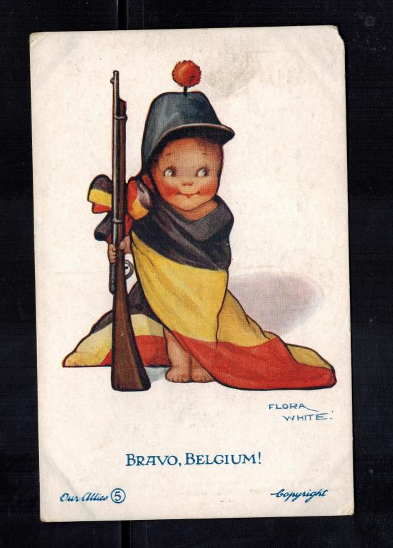 1933 Mint Bravo Belgium Baby in Flag w Rifle Patriotic Postcard Army