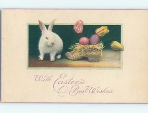 Unused Divided-Back Easter BUNNY RABBIT AND WICKER SHOE FILLED WITH EGGS o6800